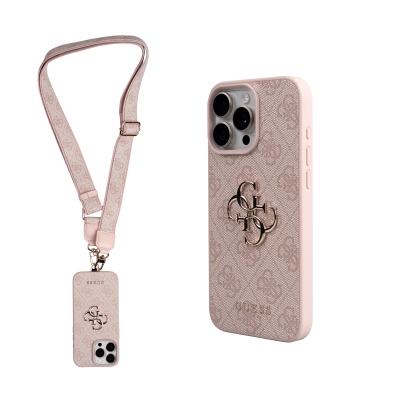 Apple iPhone 16 Pro Max Case Guess Original Licensed 4G Large Metal Logo and Thick Strap Pink