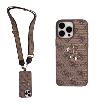 Apple iPhone 16 Pro Max Case Guess Original Licensed 4G Large Metal Logo and Thick Strap Brown