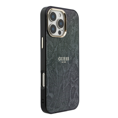 Apple iPhone 16 Pro Max Case Guess Original Licensed M-safe Charging Case with Text, Logo and Python Design Black