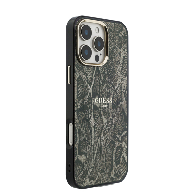 Apple iPhone 16 Pro Max Case Guess Original Licensed M-safe Charging Case with Text, Logo and Python Design Brown