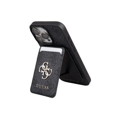 Apple iPhone 16 Pro Max Case Guess Original Licensed M-safe Charging Enabled 4G Metal Cover Large Logo and Card Holder Black