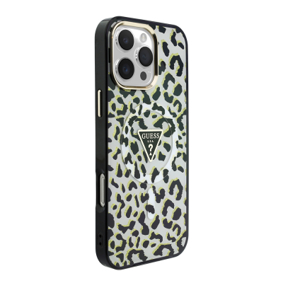 Apple iPhone 16 Pro Max Case Guess Original Licensed M-safe Charging Enabled Triangle Logo Glitter Leopard Pattern Cover Black
