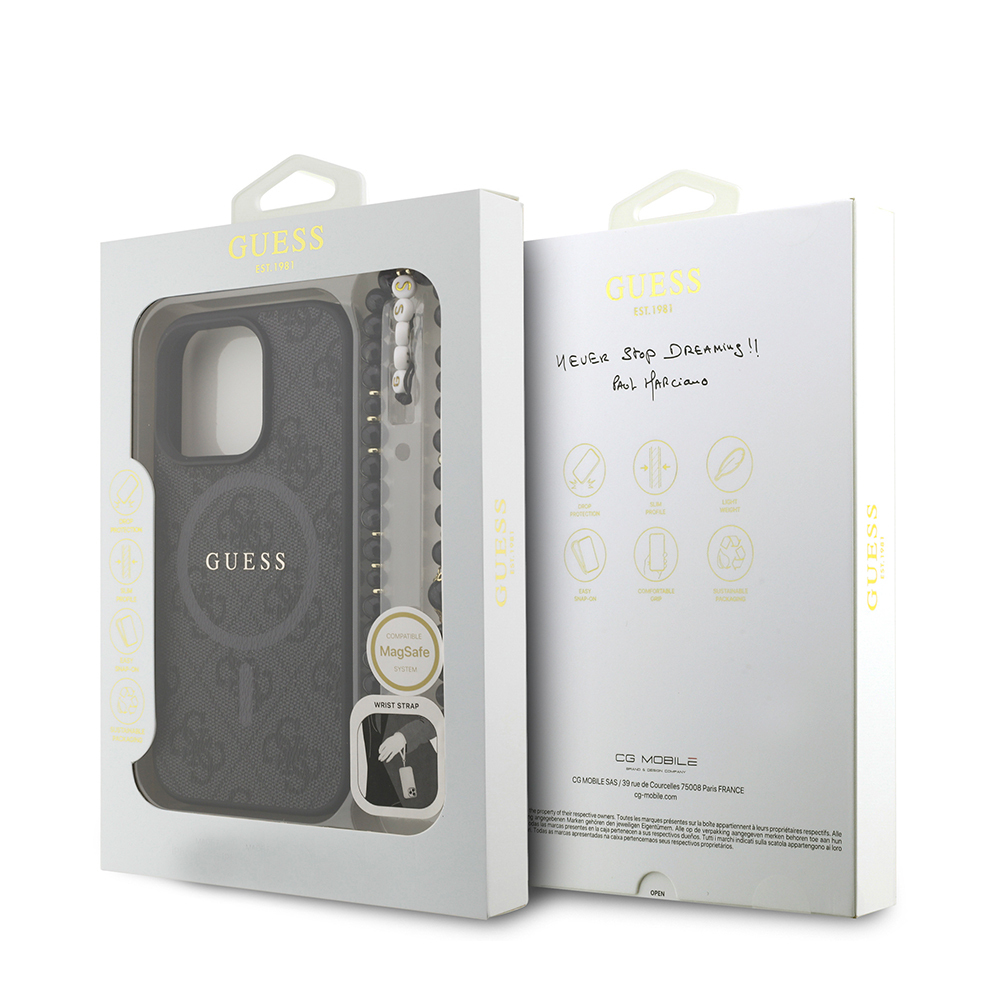Apple iPhone 16 Pro Max Case Guess Original Licensed M-safe Charging Feature PU Leather Wrist Strap Rope Cover Text Logo - 9