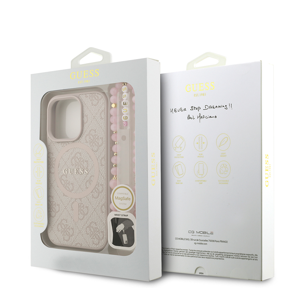 Apple iPhone 16 Pro Max Case Guess Original Licensed M-safe Charging Feature PU Leather Wrist Strap Rope Cover Text Logo - 25