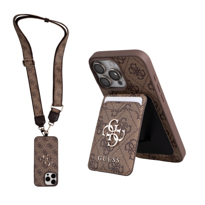 Apple iPhone 16 Pro Max Case Guess Original Licensed M-safe Charging Feature Strap and 4G Logo Card Holder Brown