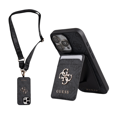 Apple iPhone 16 Pro Max Case Guess Original Licensed M-safe Charging Feature Strap and 4G Logo Card Holder Black