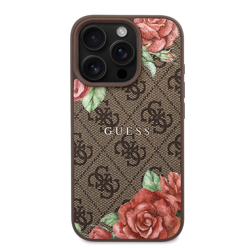 Apple iPhone 16 Pro Max Case Guess Original Licensed Magsafe Charging Feature Rose Printed 4G Patterned Text Logo Cover - 12