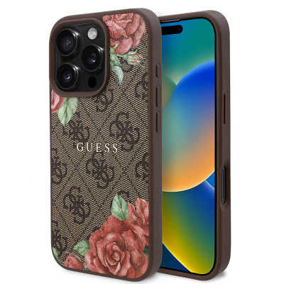 Apple iPhone 16 Pro Max Case Guess Original Licensed Magsafe Charging Feature Rose Printed 4G Patterned Text Logo Cover Brown