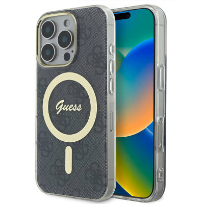 Apple iPhone 16 Pro Max Case Guess Original Licensed Magsafe Charging Featured 4G Patterned Cover with Text Logo Black