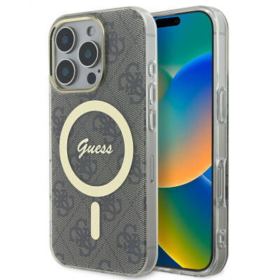 Apple iPhone 16 Pro Max Case Guess Original Licensed Magsafe Charging Featured 4G Patterned Cover with Text Logo Brown