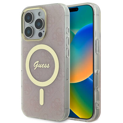 Apple iPhone 16 Pro Max Case Guess Original Licensed Magsafe Charging Featured 4G Patterned Cover with Text Logo Pink