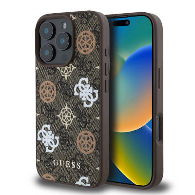 Apple iPhone 16 Pro Max Case Guess Original Licensed Magsafe Charging Featured 4G Patterned Text Logo Peony Cover Brown