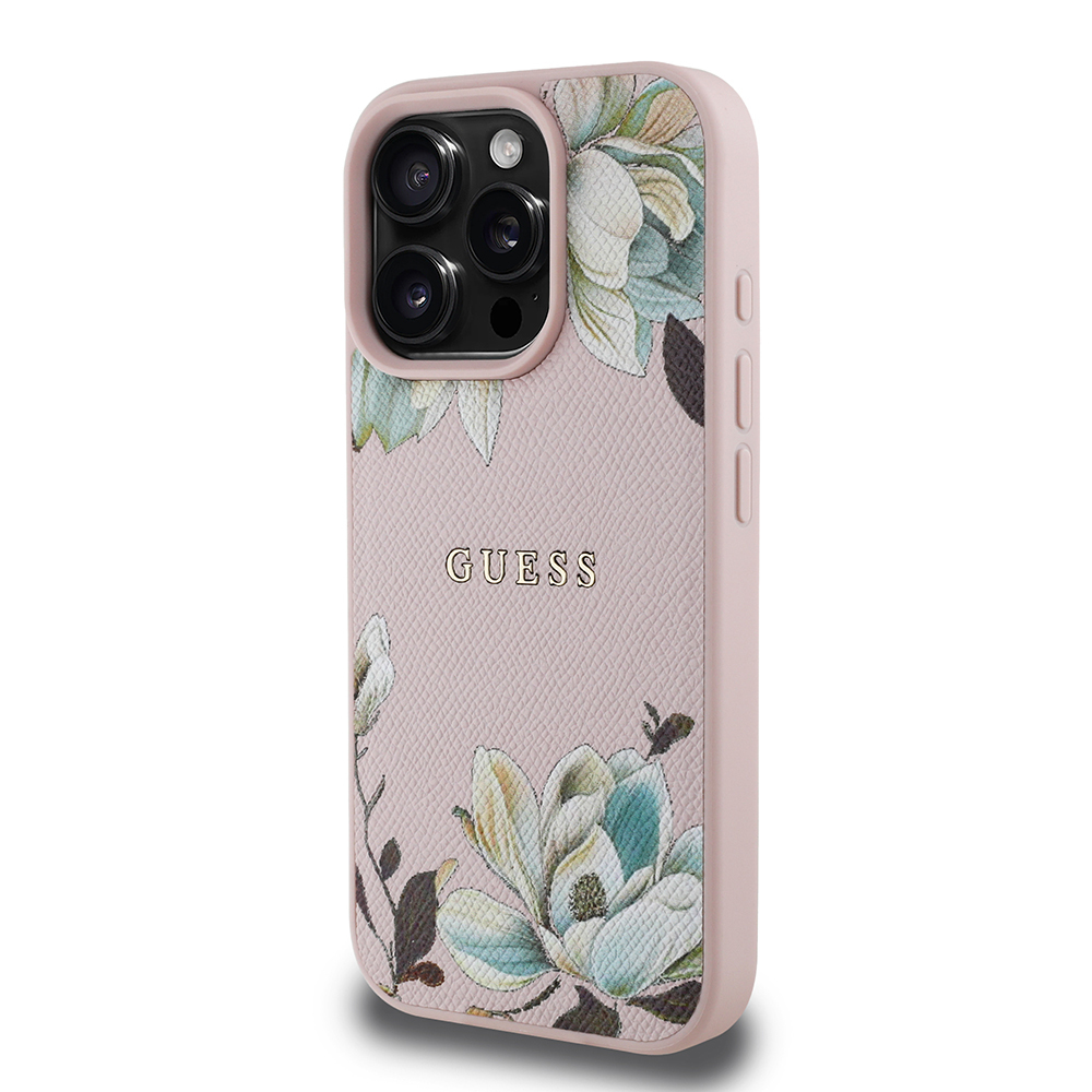 Apple iPhone 16 Pro Max Case Guess Original Licensed Magsafe Charging Featured Grained Flower Design Metal Text Logo Cover - 5