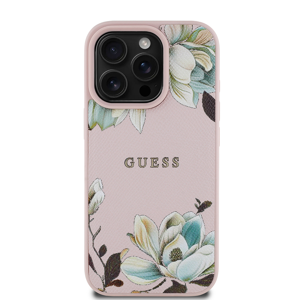 Apple iPhone 16 Pro Max Case Guess Original Licensed Magsafe Charging Featured Grained Flower Design Metal Text Logo Cover - 1