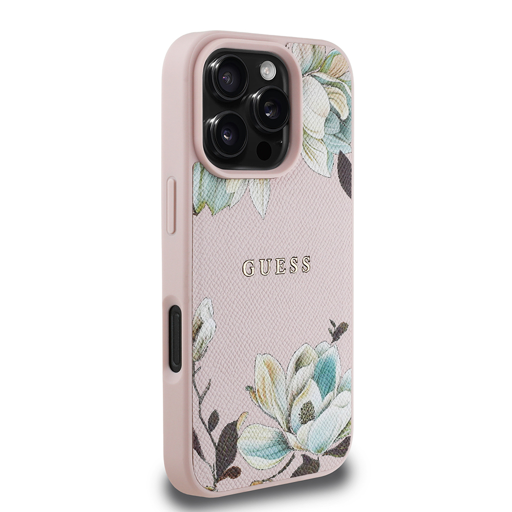 Apple iPhone 16 Pro Max Case Guess Original Licensed Magsafe Charging Featured Grained Flower Design Metal Text Logo Cover - 6