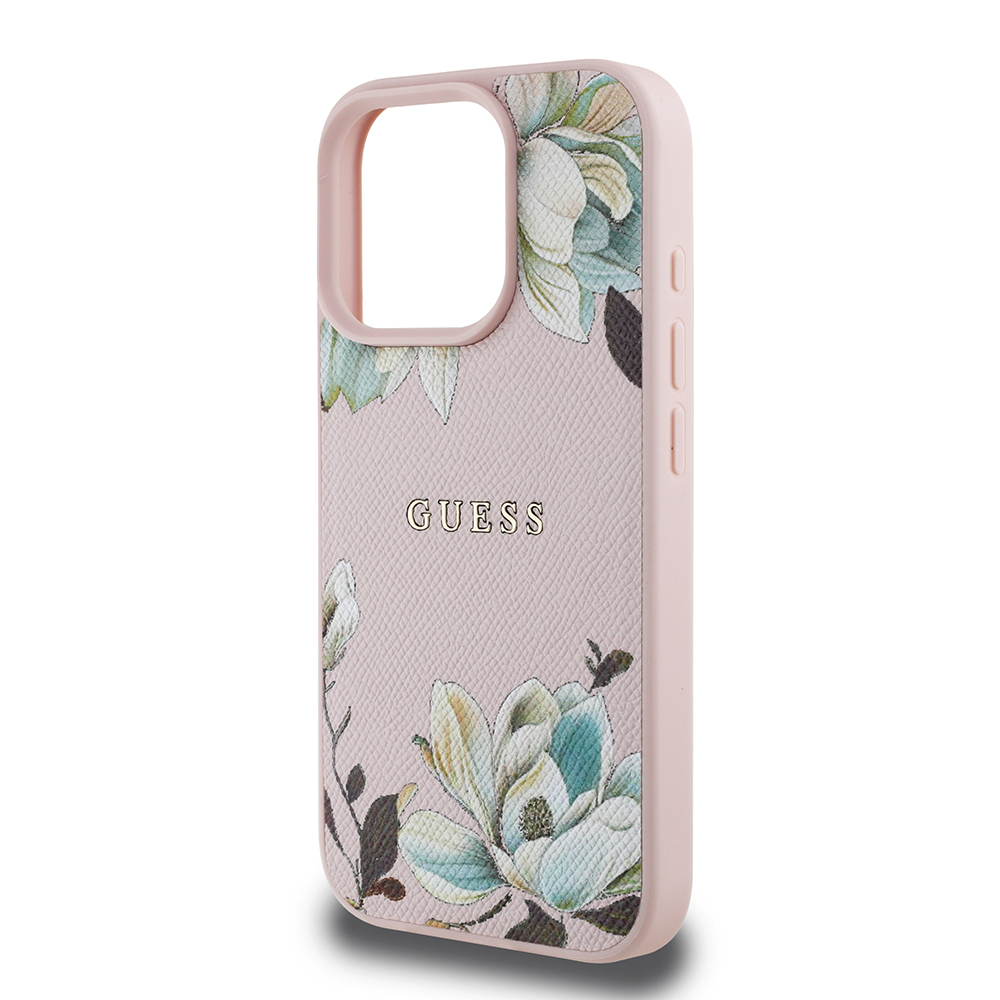 Apple iPhone 16 Pro Max Case Guess Original Licensed Magsafe Charging Featured Grained Flower Design Metal Text Logo Cover - 7
