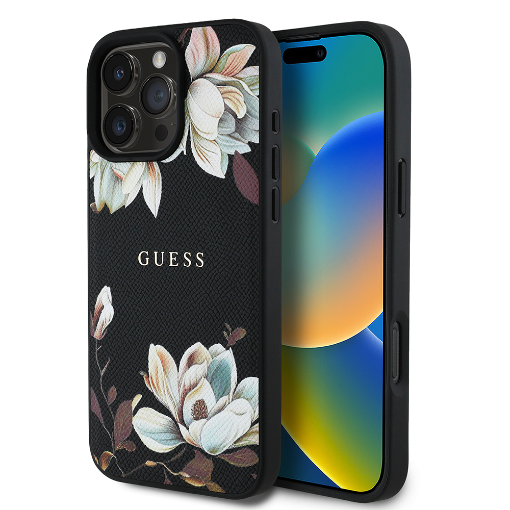 Apple iPhone 16 Pro Max Case Guess Original Licensed Magsafe Charging Featured Grained Flower Design Metal Text Logo Cover - 16
