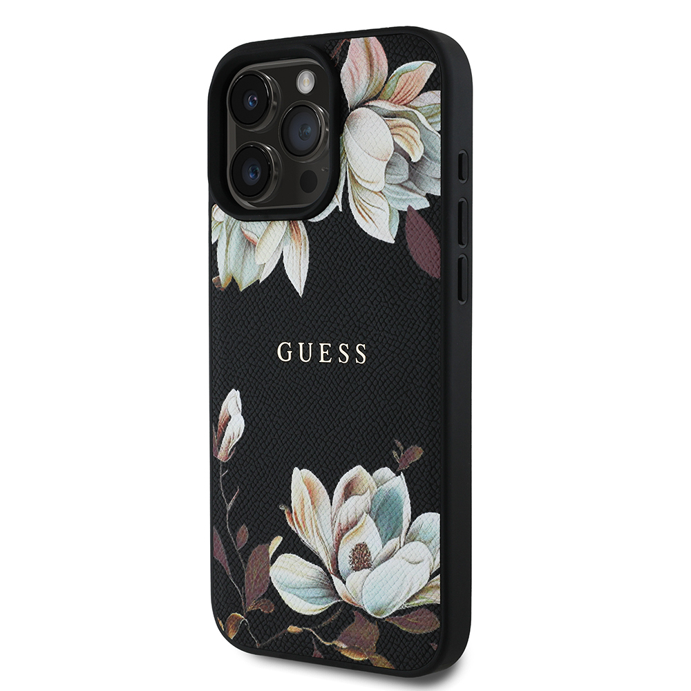 Apple iPhone 16 Pro Max Case Guess Original Licensed Magsafe Charging Featured Grained Flower Design Metal Text Logo Cover - 13