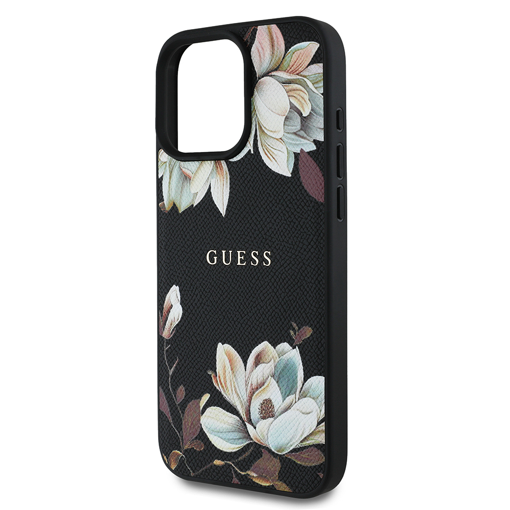 Apple iPhone 16 Pro Max Case Guess Original Licensed Magsafe Charging Featured Grained Flower Design Metal Text Logo Cover - 14