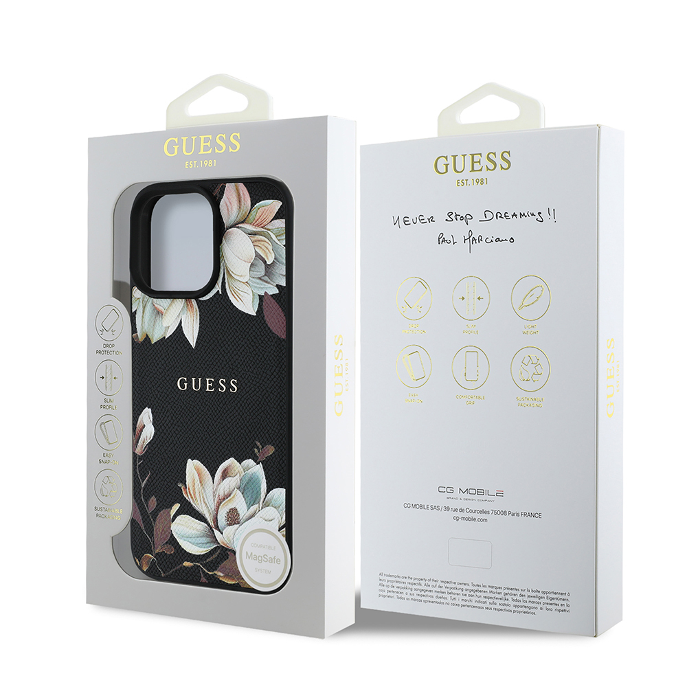 Apple iPhone 16 Pro Max Case Guess Original Licensed Magsafe Charging Featured Grained Flower Design Metal Text Logo Cover - 18