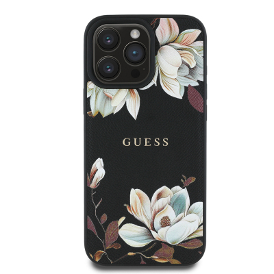 Apple iPhone 16 Pro Max Case Guess Original Licensed Magsafe Charging Featured Grained Flower Design Metal Text Logo Cover Black