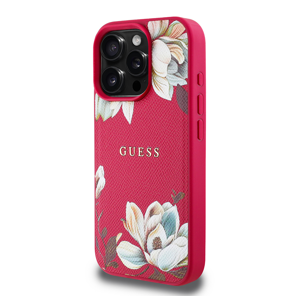 Apple iPhone 16 Pro Max Case Guess Original Licensed Magsafe Charging Featured Grained Flower Design Metal Text Logo Cover - 19