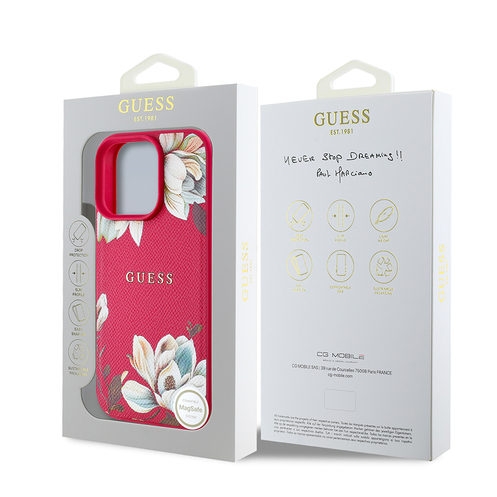 Apple iPhone 16 Pro Max Case Guess Original Licensed Magsafe Charging Featured Grained Flower Design Metal Text Logo Cover - 25