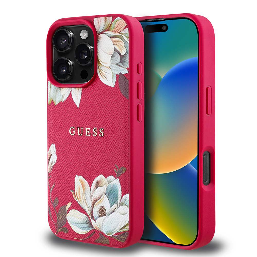 Apple iPhone 16 Pro Max Case Guess Original Licensed Magsafe Charging Featured Grained Flower Design Metal Text Logo Cover - 24