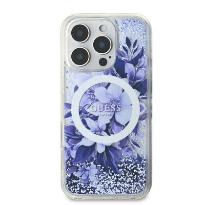 Apple iPhone 16 Pro Max Case Guess Original Licensed Magsafe Charging Featured Liquid Glitter Flower Patterned Cover Purple