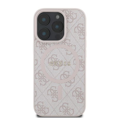 Apple iPhone 16 Pro Max Case Guess Original Licensed Magsafe Charging Featured PU Ring 4G Patterned Text Logo Cover Pink