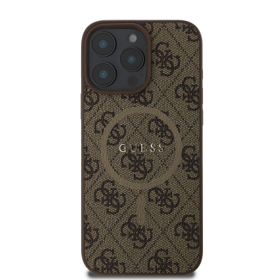 Apple iPhone 16 Pro Max Case Guess Original Licensed Magsafe Charging Featured PU Ring 4G Patterned Text Logo Cover Brown