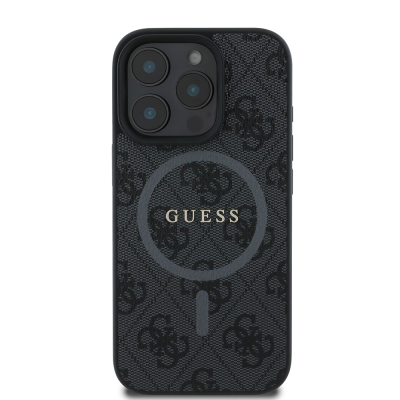 Apple iPhone 16 Pro Max Case Guess Original Licensed Magsafe Charging Featured PU Ring 4G Patterned Text Logo Cover Black