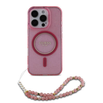 Apple iPhone 16 Pro Max Case Guess Original Licensed Magsafe Charging Featured Silvery Silicone Pearl Bracelet Cover Pink