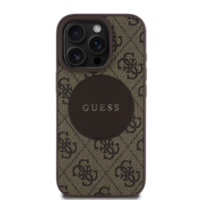 Apple iPhone 16 Pro Max Case Guess Original Licensed Magsafe Charging Featured Text Logo Circle Classic Cover Brown