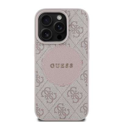 Apple iPhone 16 Pro Max Case Guess Original Licensed Magsafe Charging Featured Text Logo Circle Classic Cover Pink