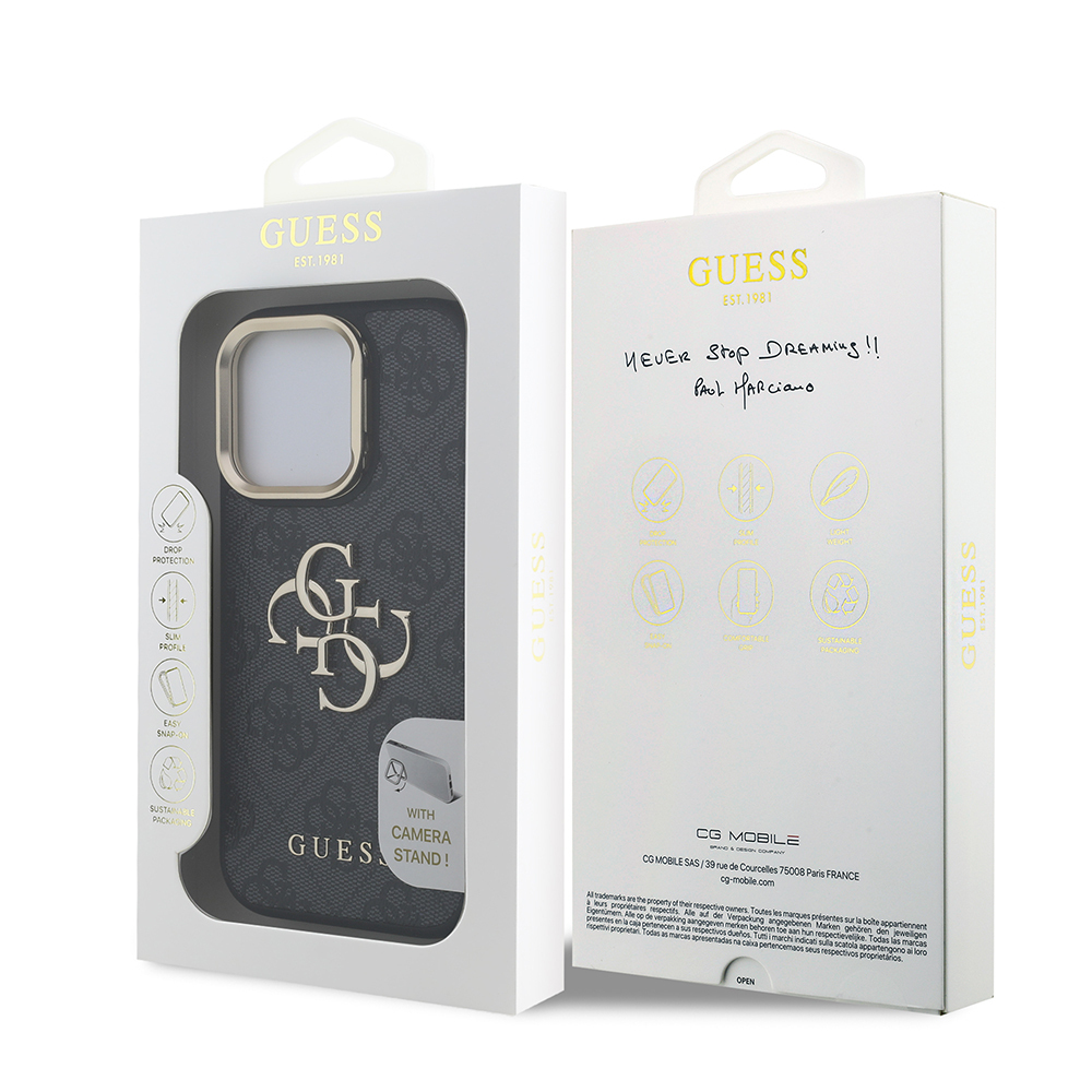 Apple iPhone 16 Pro Max Case Guess Original Licensed PU Leather 4G Patterned Metal Big 4G and Text Logo Camera Stand Cover - 18