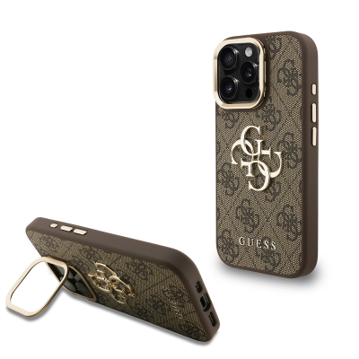Apple iPhone 16 Pro Max Case Guess Original Licensed PU Leather 4G Patterned Metal Big 4G and Text Logo Camera Stand Cover Brown