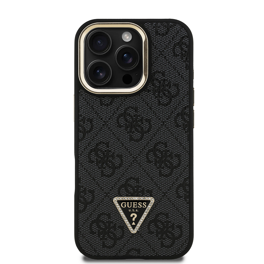 Apple iPhone 16 Pro Max Case Guess Original Licensed PU Leather Stone Triangle Logo 4G Patterned Camera Stand Cover - 5