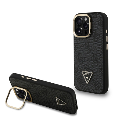 Apple iPhone 16 Pro Max Case Guess Original Licensed PU Leather Stone Triangle Logo 4G Patterned Camera Stand Cover Black
