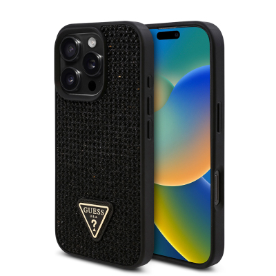 Apple iPhone 16 Pro Max Case Guess Original Licensed Stone Back Surface Triangle Logo Cover Black