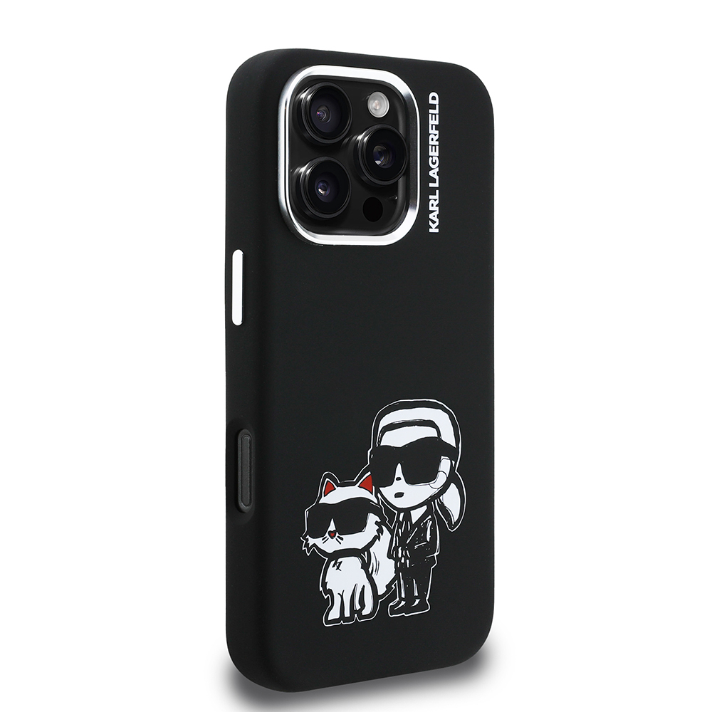 Apple iPhone 16 Pro Max Case Karl Lagerfeld Original Licensed Karl & Choupette Sketch Logo Silicone Cover - 3