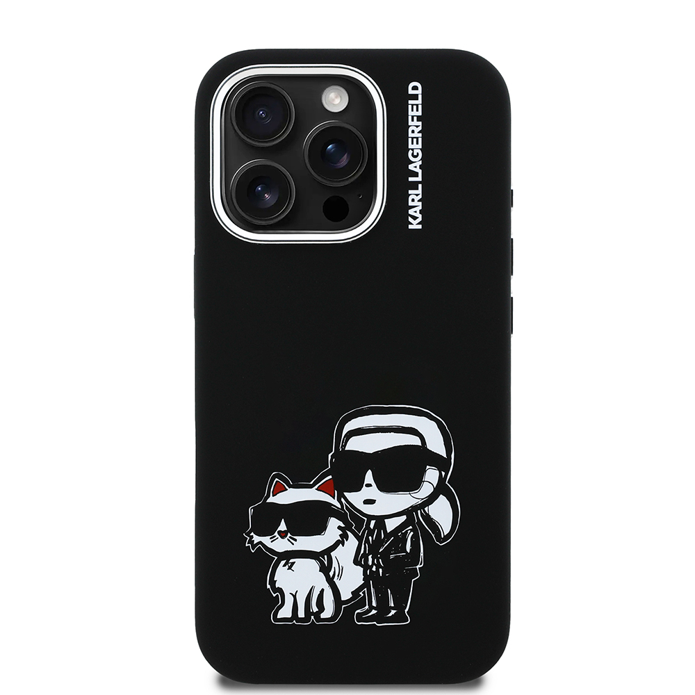 Apple iPhone 16 Pro Max Case Karl Lagerfeld Original Licensed Karl & Choupette Sketch Logo Silicone Cover - 5