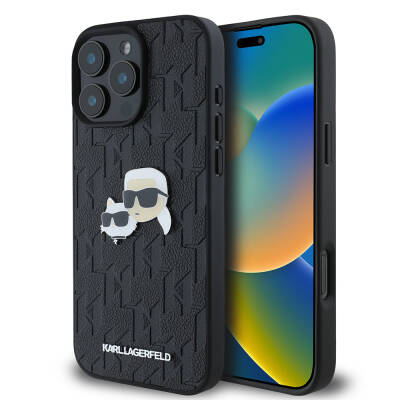 Apple iPhone 16 Pro Max Case Karl Lagerfeld Original Licensed K&C Heads Monogram Pin Cover Black