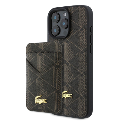 Apple iPhone 16 Pro Max Case, Lacoste Original Licensed, M-safe Charging Feature, PU Leather Design, Card Holder, Mixed Monogram Pattern Cover Brown