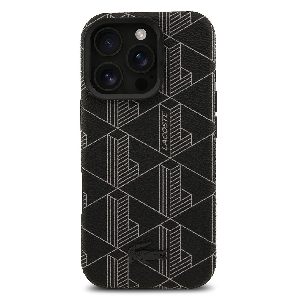 Apple iPhone 16 Pro Max Case Lacoste Original Licensed M-safe Charging Stand PU Leather Mixed Monogram Pattern Cover - 4