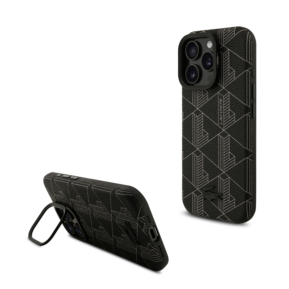 Apple iPhone 16 Pro Max Case Lacoste Original Licensed M-safe Charging Stand PU Leather Mixed Monogram Pattern Cover - 2