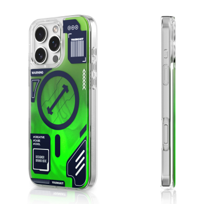 Apple iPhone 16 Pro Max Case Magsafe Charging Featured Galaxy Fantasy Series Cover with Shiny Sand Liquid Design Green