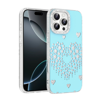 Apple iPhone 16 Pro Max Case Rhinestone Embellishment Zore Rivas Hard PC Cover Blue