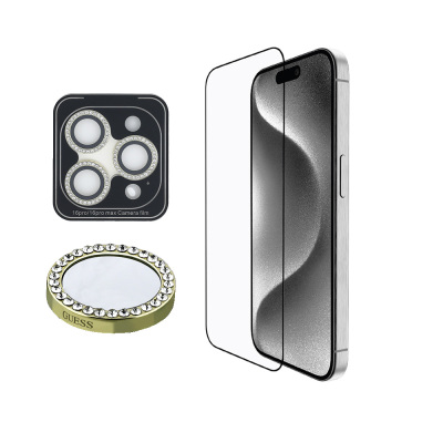 Apple iPhone 16 Pro Max Guess Original Licensed Rhinestone Screen Protector + Lens Protector 2in1 Accessory Set Gold