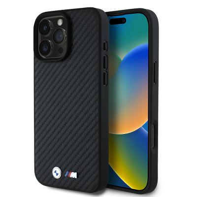 Apple iPhone 16 Pro Max Kılıf BMW Orjinal Lisanslı Karbon Fiber Tasarımlı ve Metal Logolu PU Deri Kapak Siyah